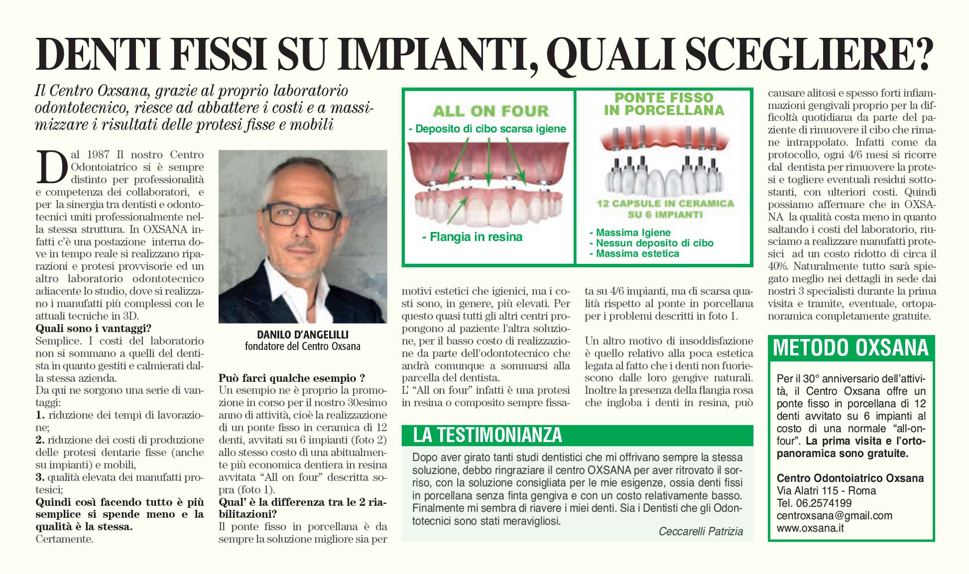 Articolo giornale - Centro Odontoiatrico Oxsana - Denti fissi quali scegliere - Dentista Roma - Prenestina